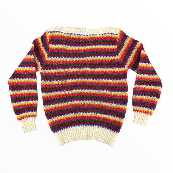 80’s Vintage Rainbow Stripe Knit Boatneck Long Sleeve Sweater size Small - Picture 1 of 8